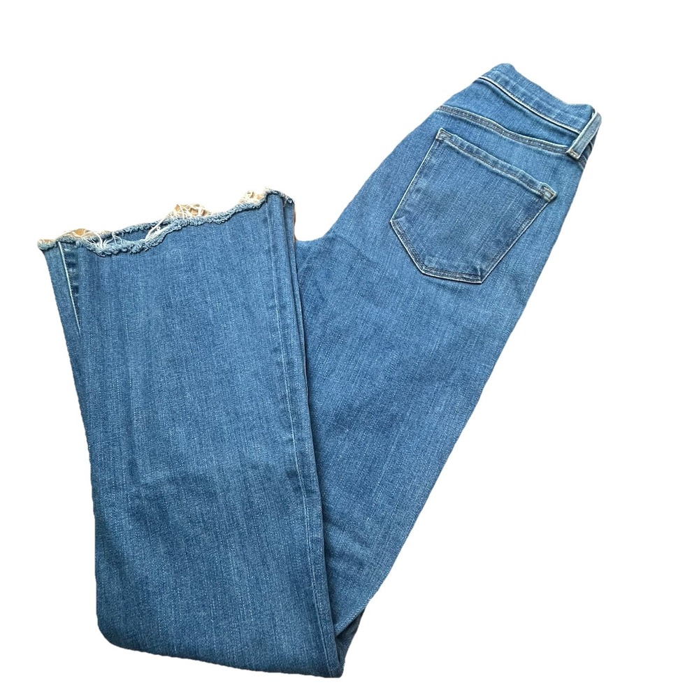 J Brand Valentina High Rise Flare Jeans Medium Wash Raw Hem Indigo Size 25 $248
